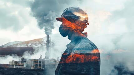 Obraz premium double exposure of a worker at a geothermal energy plant overlaid with a volcanic landscape, showcasing alternative energy and natural resources