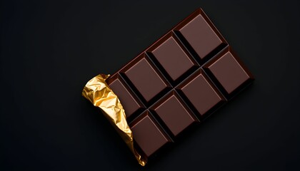 dark chocolate bar, golden foil wrapper, partially unwrapped, rich cocoa, luxurious treat, black background, dramatic lighting, high contrast, food photography, indulgence, smooth texture