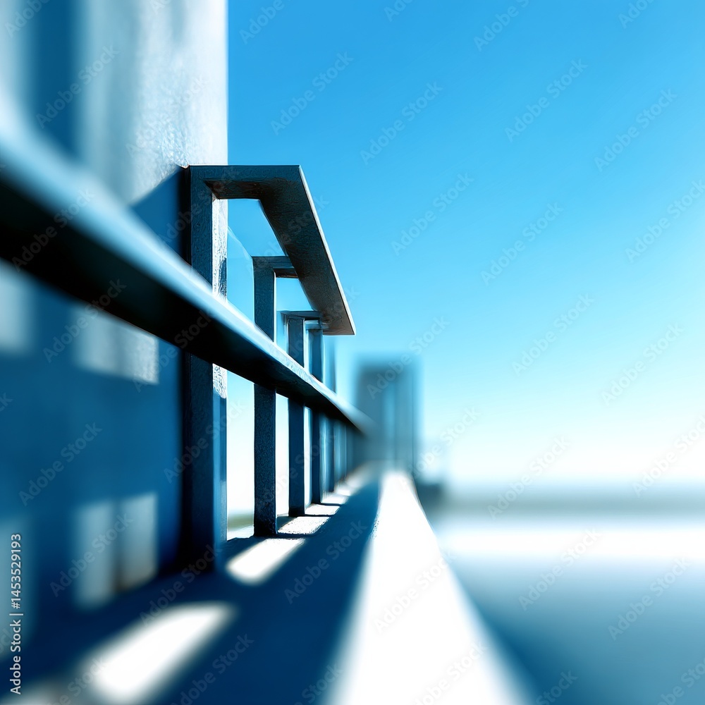 Poster Architectural Geometry: A Serene View of a Balcony Railing Against a Clear Blue Sky, Emphasizing Perspective and Minimalist Design.