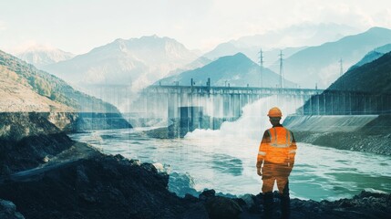worker at a hydroelectric dam overlaid with a flowing river surrounded by mountains, representing renewable energy and natural power