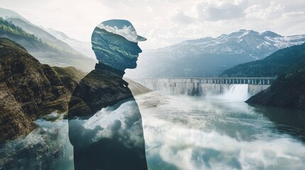 worker at a hydroelectric dam overlaid with a flowing river surrounded by mountains, representing renewable energy and natural power