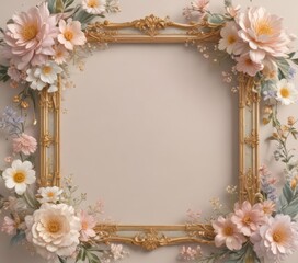 Subtle pastel floral frame with gold highlights, vintage style ,  texture, pastel frame,  invitations
