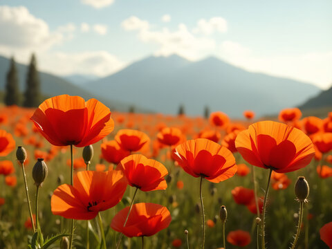 Beautiful poppy flowers in a field with mountains