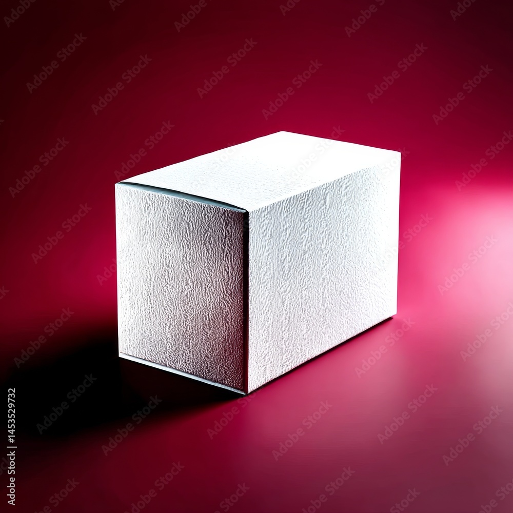 Poster Minimalist Still Life: White Textured Box on a Vibrant Red Gradient Background under Dramatic Lighting.