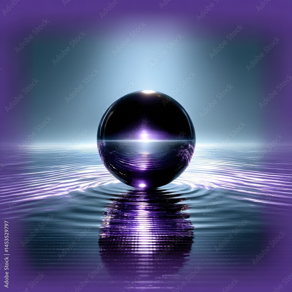 Poster Mystical Orb in Serene Waters: A Mesmerizing Display of Reflections and Purples Under a Soft Luminescence