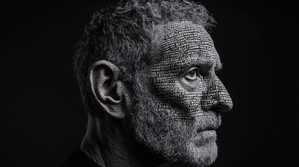 Elderly Man with Textured Beard and Words on Face in Profile Against Dark Background