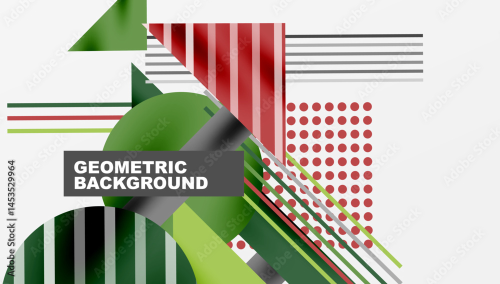 Fototapete Abstract geometric design. Green, red, gray elements overlap. Modern composition creates dynamic visual effect. Simple shapes, clean lines.