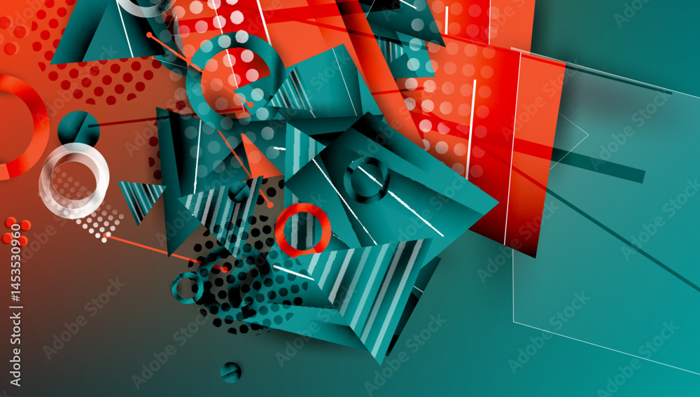 Leinwandbilder abstract geometric composition. red, teal hues dominate. shapes overlap, creating dynamic visual tex