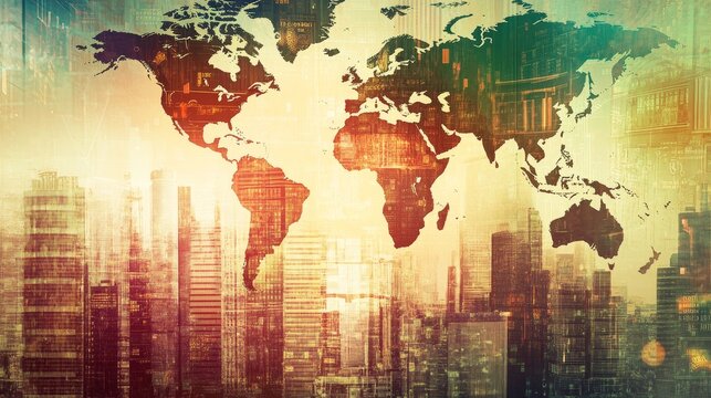 double exposure of advanced technology like servers and data centers overlaid with global finance symbols like currency exchange rates and world maps