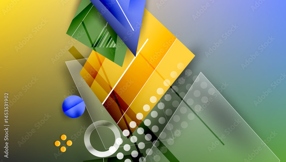 Aufkleber Abstract composition. Geometric shapes overlap, creating dynamic visual effect. Colors blend, gradients present. Modern design elements visible.