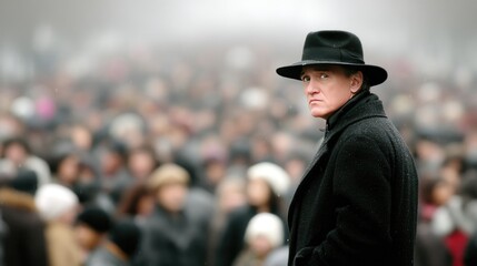 Obraz premium Lonely Man in Black Coat and Hat Stands in a Crowded Foggy Street