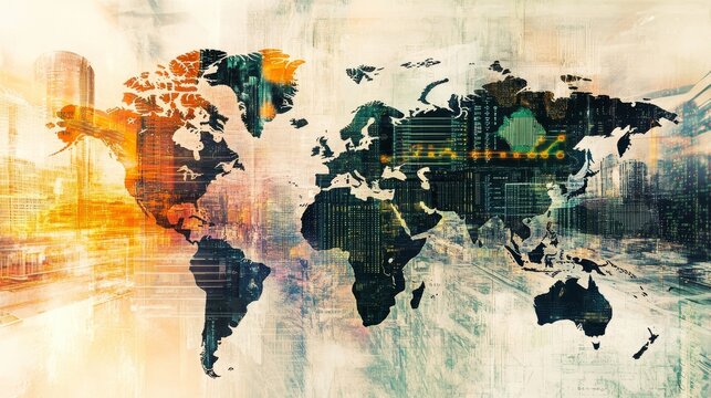double exposure of advanced technology like servers and data centers overlaid with global finance symbols like currency exchange rates and world maps