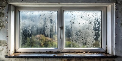 Obraz premium Distressed metal window with condensate drops and black mold growth , condensation