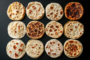 Rows of flatbread round, flat with browned spots, set on a dark plain surface