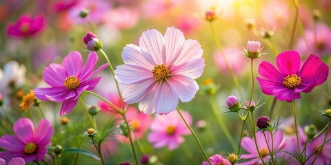 Fototapeta premium A close-up shot of a garden with cosmos flowers blooming in various colors, showcasing their delicate petals and intricate details , flowers, spring
