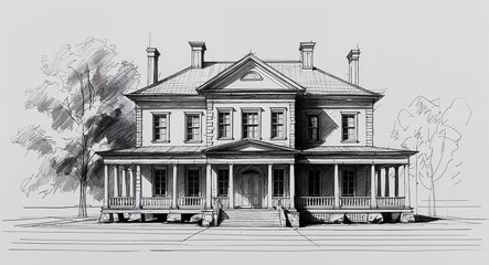 Colonial mansion house building design in sketch hand drawing black and white on plain white background