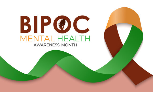 Illustration on the theme of Bipoc mental health awareness month July poster design. Holiday concept. African-American woman and text minority mental health awareness month. Realistic ribbon.