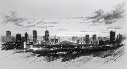 Distant city lights flickering on the horizon design in sketch hand drawing black and white on plain white background