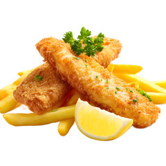 Fish and chips presented under studio lighting with clean white background showcasing contrast between crunchy batter and soft potato texture