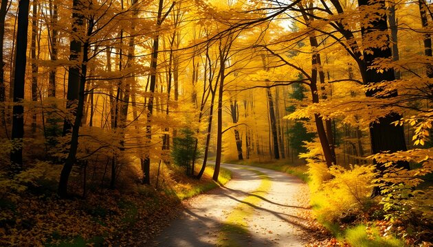 Autumn forest path, golden foliage, sunlight filtering through trees, winding road, vibrant fall colors, atmospheric woodland scene, misty morning, dappled light, leaf-covered ground