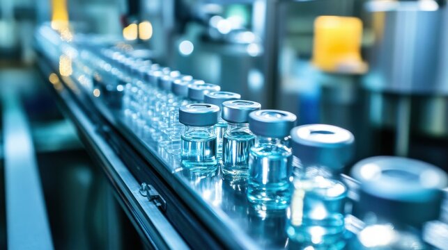 The image shows a production line with glass vials filled with liquid, highlighting an automated process in a laboratory or pharmaceutical setting.