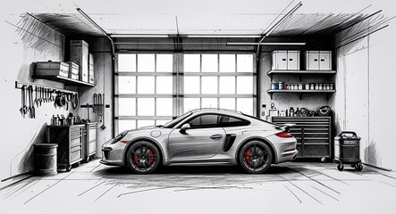 Garage with car tools and storage shelves design in sketch hand drawing black and white on plain white background