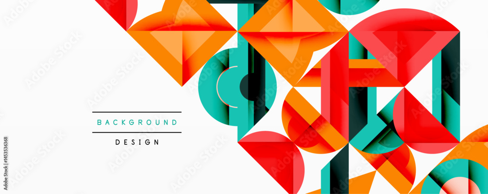 Poster abstract geometric shapes overlap, creating vibrant colorful design. white background provides contr