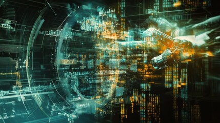 double exposure of futuristic technology like robotic arms and AI systems overlaid with flowing currency and financial graphs