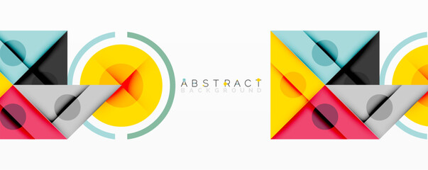 Geometric shapes overlap, creating vibrant design. Circles, squares, triangles form modern abstract pattern. Colors include yellow, pink, blue.