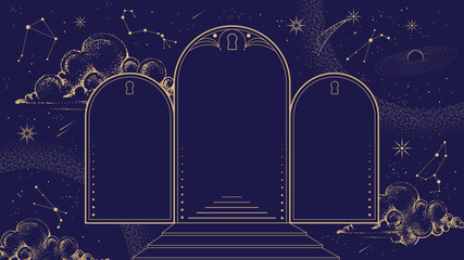 Modern magic witchcraft  astrology arch frame with stars, comets, clouds and constellations on blue background. Line art occult vector illustration