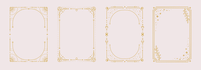 Set of modern magic witchcraft astrology frames with Four Elements, stars, sun and moon on white background. Line art occult vector illustration