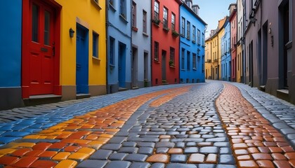 Fototapeta premium A stunning colorful streetscape in an old European town, with cobblestone road and vibrant facades.