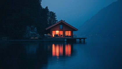 Fototapeta premium Lakeside cabin at twilight