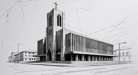 Fototapeta premium Large urban Church building design in sketch hand drawing black and white on plain white background