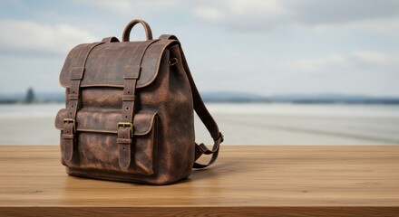 Vintage Brown Leather Backpack on Wooden Table Against Blurred Landscape Background