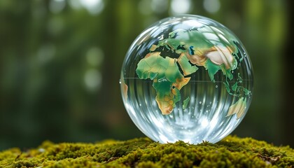 glass sphere, world map, Earth, moss, nature, forest background, crystal ball, reflection, macro photography, environmental concept, global conservation, green energy, sustainability