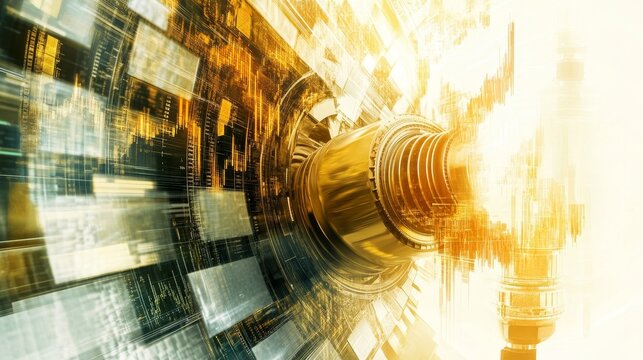double exposure of industrial machines like turbines and conveyor belts overlaid with investment concepts like stock charts and gold bars