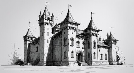 Obraz premium Medieval fantasy castle mansion building design in sketch hand drawing black and white on plain white background