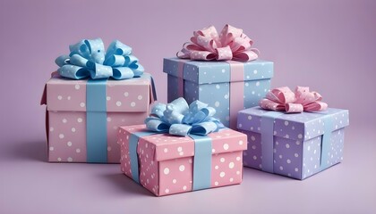 Obraz premium Four festive gift boxes in pastel colors, each tied with a ribbon and bow on a purple backdrop.