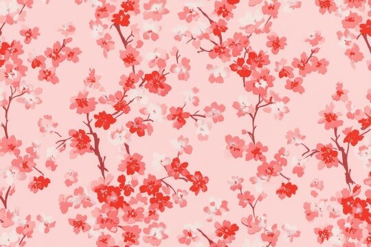 Red florals bloom. Delicate branches extend on a pink backdrop, creating a pattern