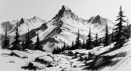 Rocky mountain trail with distant peaks design in sketch hand drawing black and white on plain white background