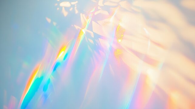 Dreamy holographic rainbow light refraction texture overlay with abstract soft bokeh effect on a white wall. Organic prismatic glow and natural shadows