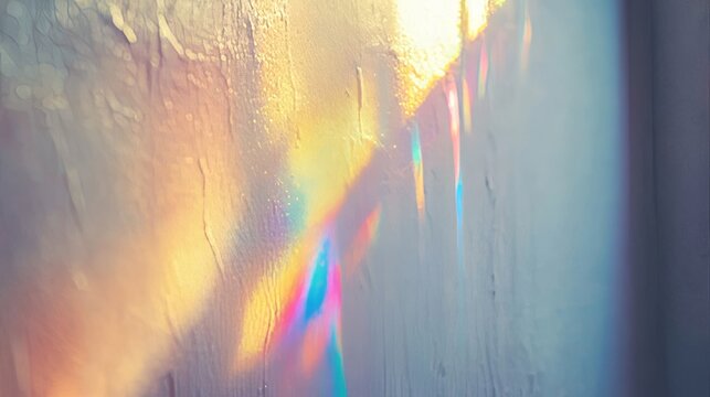Dreamy holographic rainbow light refraction texture overlay with abstract soft bokeh effect on a white wall. Organic prismatic glow and natural shadows