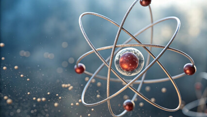 A 3D illustration depicts an atomic model on a background, showcasing structure with orbiting electrons, a symbol of science and chemistry