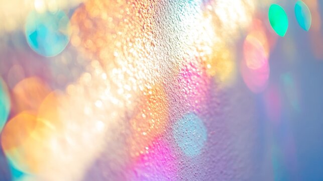 Dreamy holographic rainbow light refraction texture overlay with abstract soft bokeh effect on a white wall. Organic prismatic glow and natural shadows - Powered by Adobe