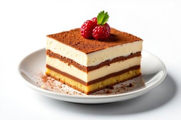 Individual tiramisu portion, dusted cocoa, white backdrop , baked good, top view, creamy