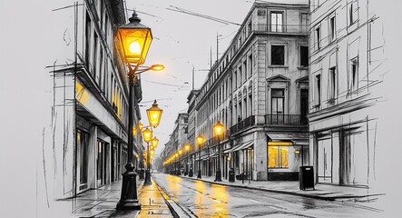 Street lamp glowing on a quiet city street design in sketch hand drawing black and white on plain white background