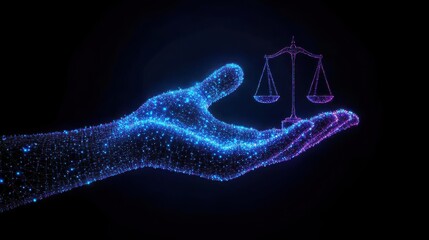 Bright neon hand of data holding a purple justice scale in dark cyberspace.