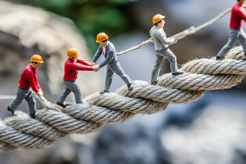 Miniature workers teamwork rope bridge construction site