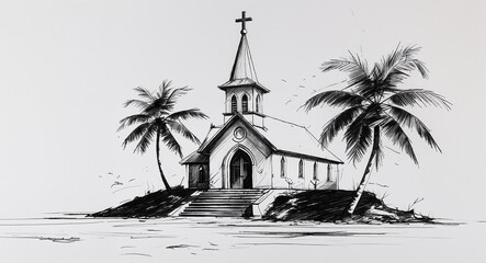 Tiny island Church building design in sketch hand drawing black and white on plain white background